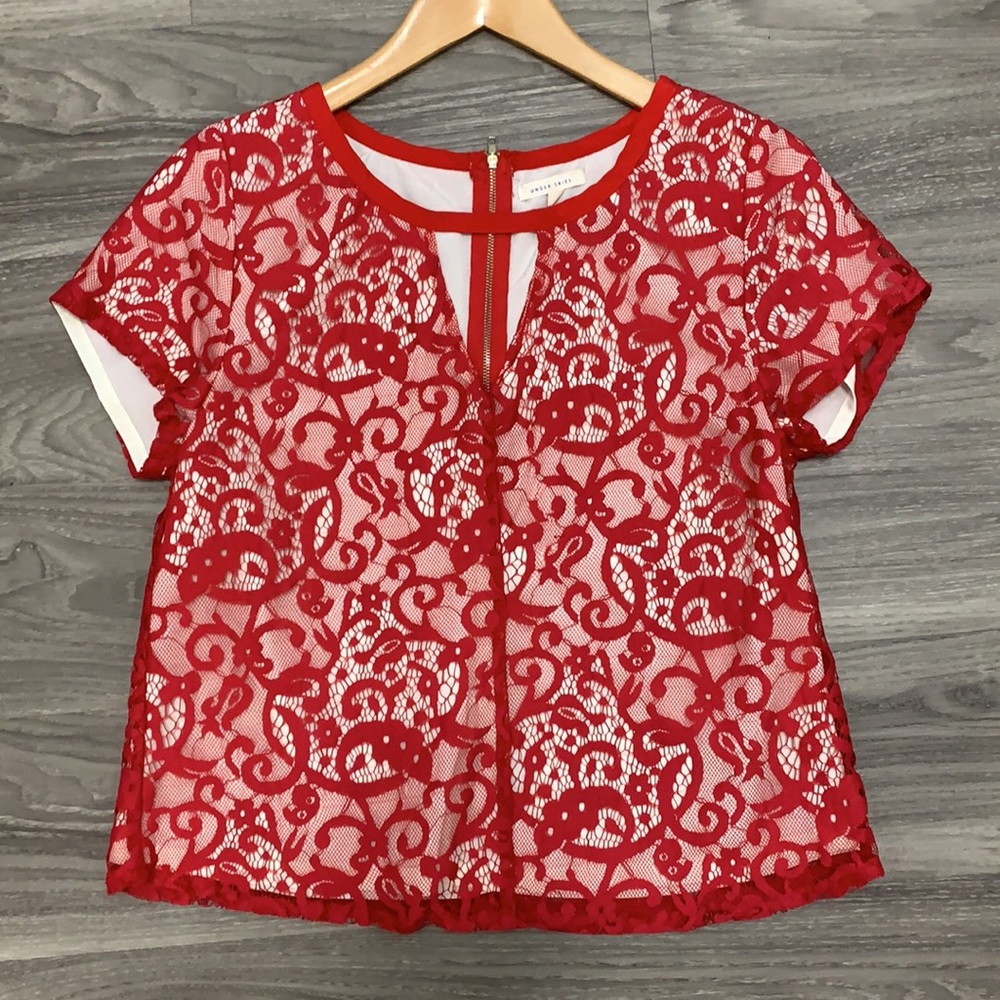 Red lace top with beige underneath
